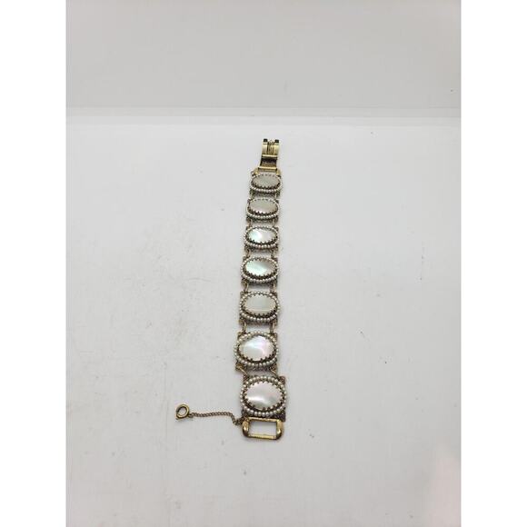 Vintage Filigree Bracelet Mother of Pearl MOP & Faux Pearl Accent Ornate - Picture 10 of 13